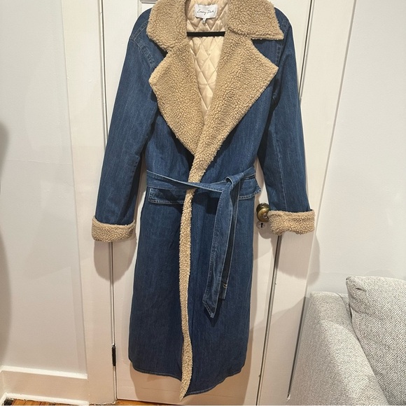 Emory Park Blue and Tan Belted Faux Shearling Trench Coat Size Large - Picture 1 of 5